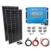 Victron 440W RV Solar Kit with 2 Lumera panels, MPPT charge controller, mounting brackets, MC4 Y adapter, and extension cables – customizable off-grid solar setup